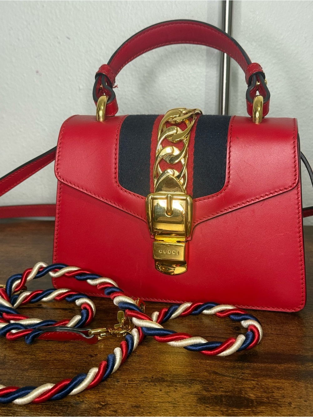 Gucci Red Leather Satchel with Gold Chain and Navy Web